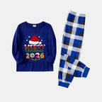 Navy & White Plaid Christmas Pajamas Set With Santa Hat and "Merry Christmas 2026" Text Print