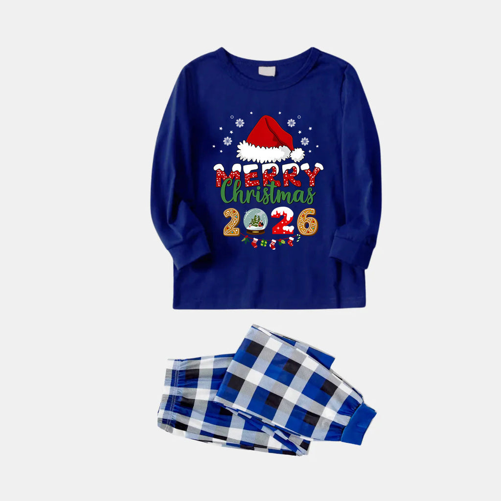 Navy & White Plaid Christmas Pajamas Set With Santa Hat and "Merry Christmas 2026" Text Print