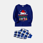 Navy & White Plaid Christmas Pajamas Set With Santa Hat and "Merry Christmas 2026" Text Print