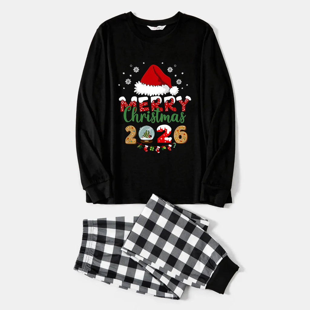 Black and White Plaid Christmas Pajamas Set With Santa Hat and "Merry Christmas 2026" Text Print