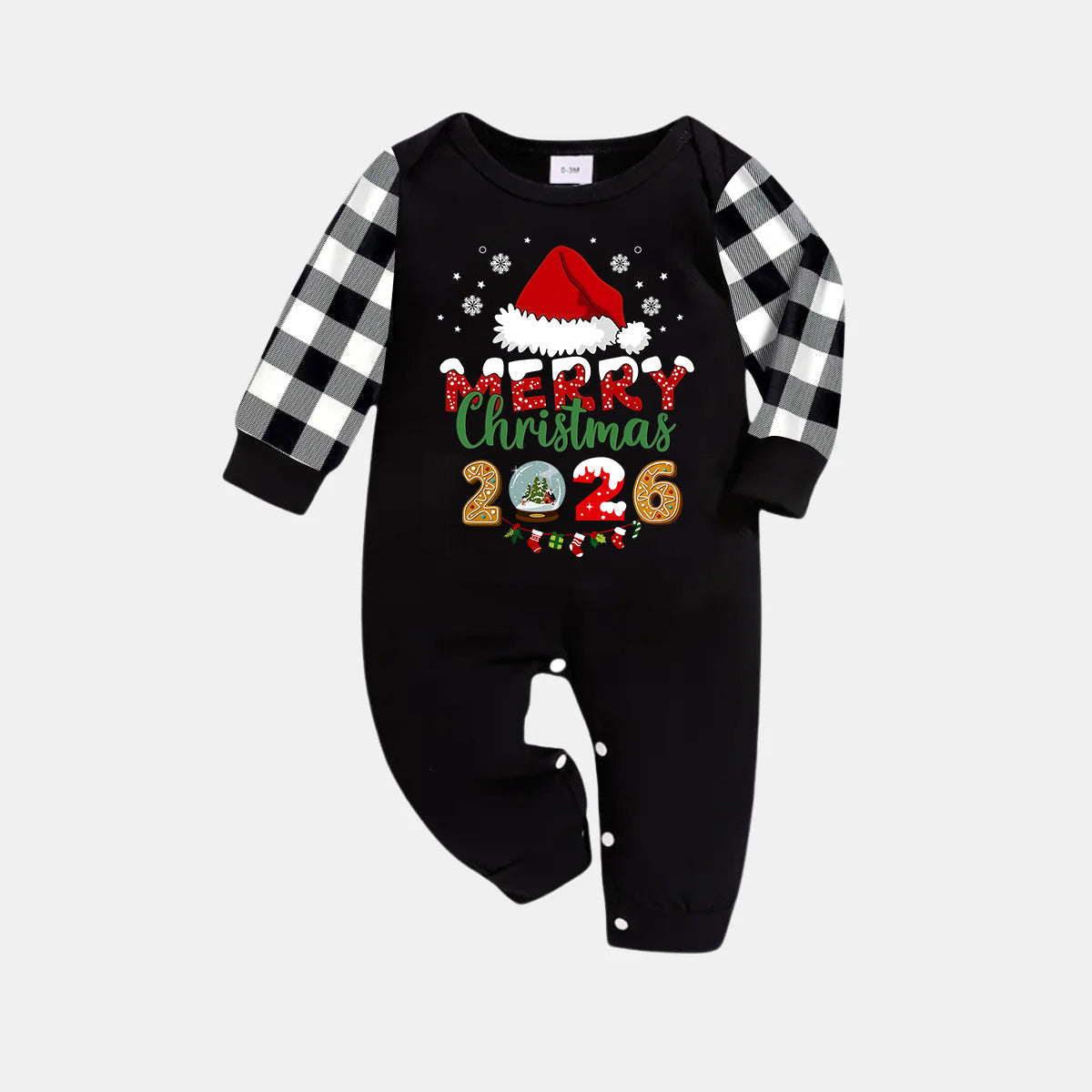 Black and White Plaid Christmas Pajamas Set With Santa Hat and "Merry Christmas 2026" Text Print