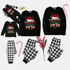 Black and White Plaid Christmas Pajamas Set With Santa Hat and "Merry Christmas 2026" Text Print