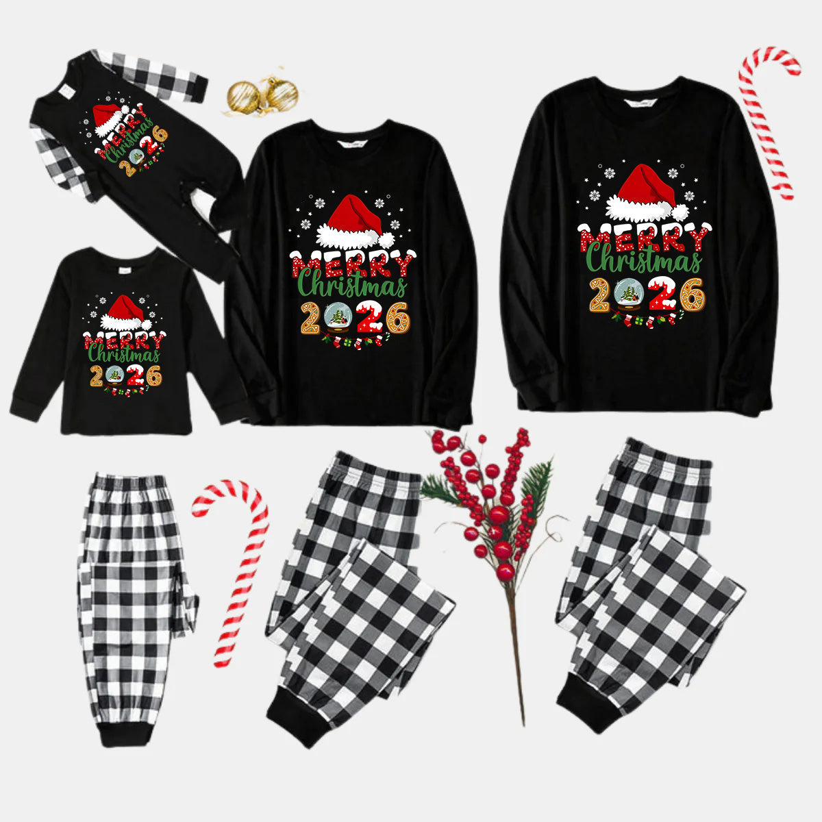 Black and White Plaid Christmas Pajamas Set With Santa Hat and "Merry Christmas 2026" Text Print