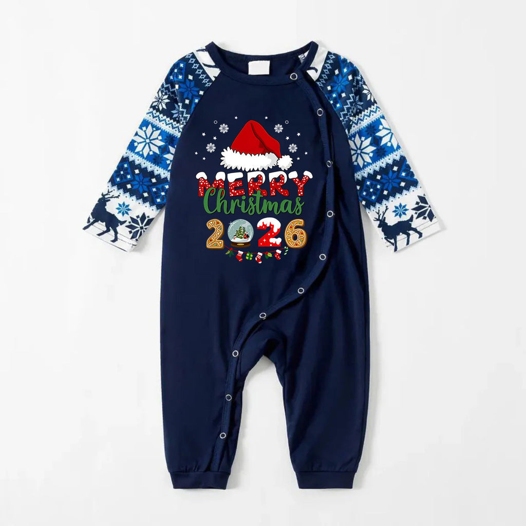 Joyful Blue Christmas Pajamas Set With Santa Hat and "Merry Christmas 2026" Text Print