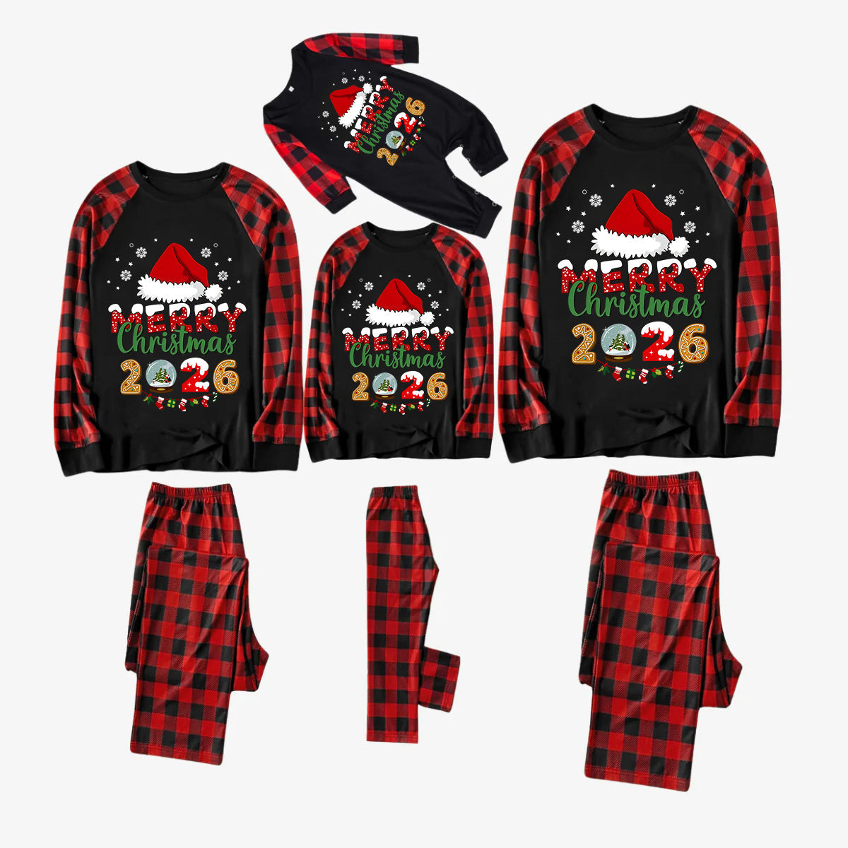 Red and Black Plaid Christmas Pajamas Set With Santa Hat and "Merry Christmas 2026" Text Print