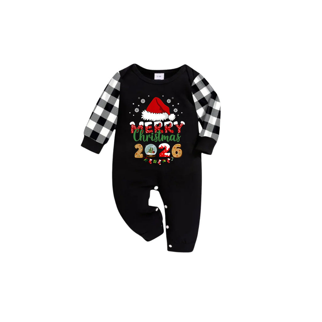 Black and White Plaid Christmas Short Sleeve Pajamas Set With Santa Hat and "Merry Christmas 2026" Text Print