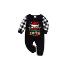 Black and White Plaid Christmas Short Sleeve Pajamas Set With Santa Hat and "Merry Christmas 2026" Text Print