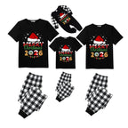 Black and White Plaid Christmas Short Sleeve Pajamas Set With Santa Hat and "Merry Christmas 2026" Text Print
