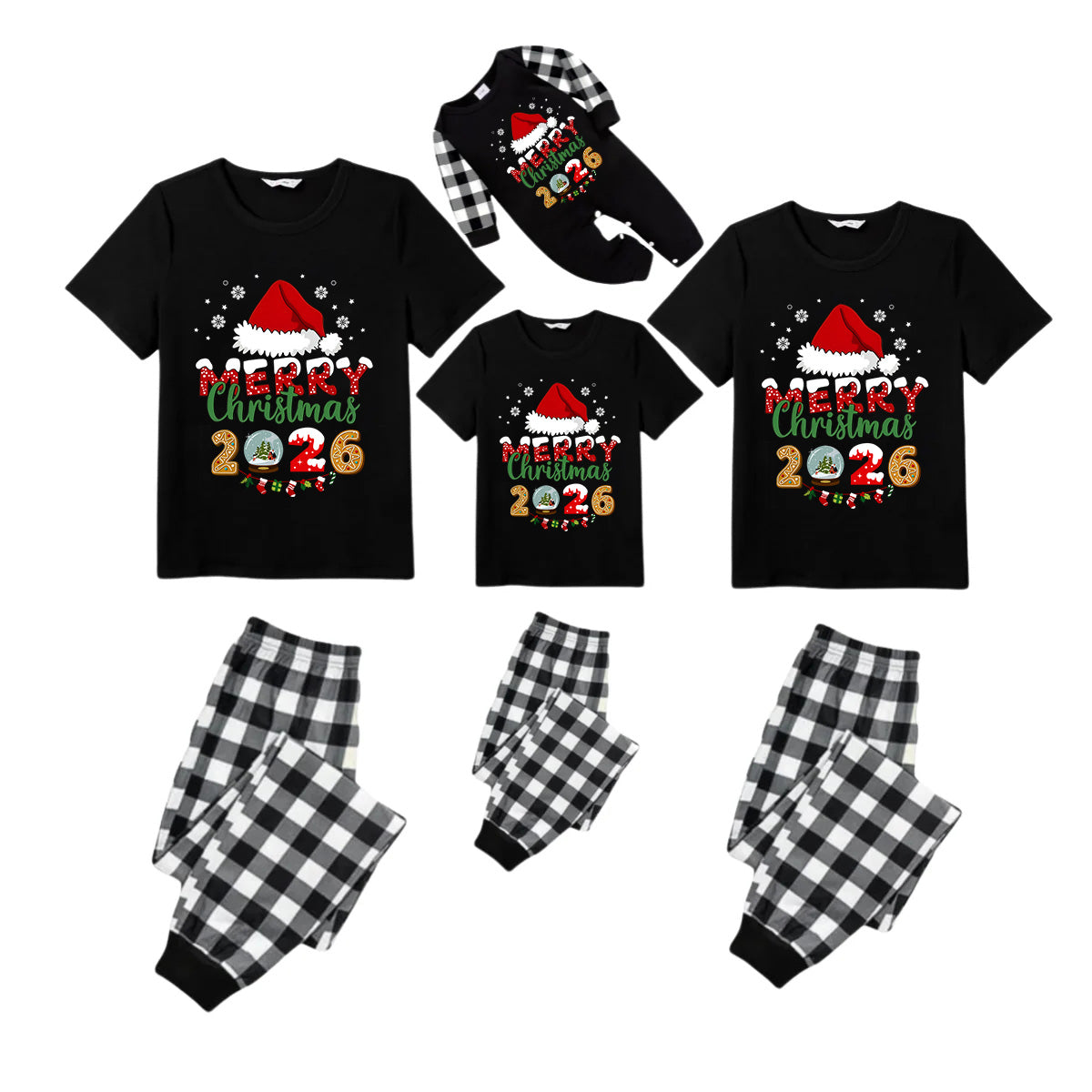 Black and White Plaid Christmas Short Sleeve Pajamas Set With Santa Hat and "Merry Christmas 2026" Text Print