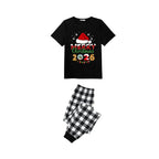 Black and White Plaid Christmas Short Sleeve Pajamas Set With Santa Hat and "Merry Christmas 2026" Text Print