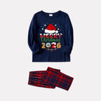 Navy & Red Plaid Christmas Pajamas Set With Santa Hat and "Merry Christmas 2026" Text Print