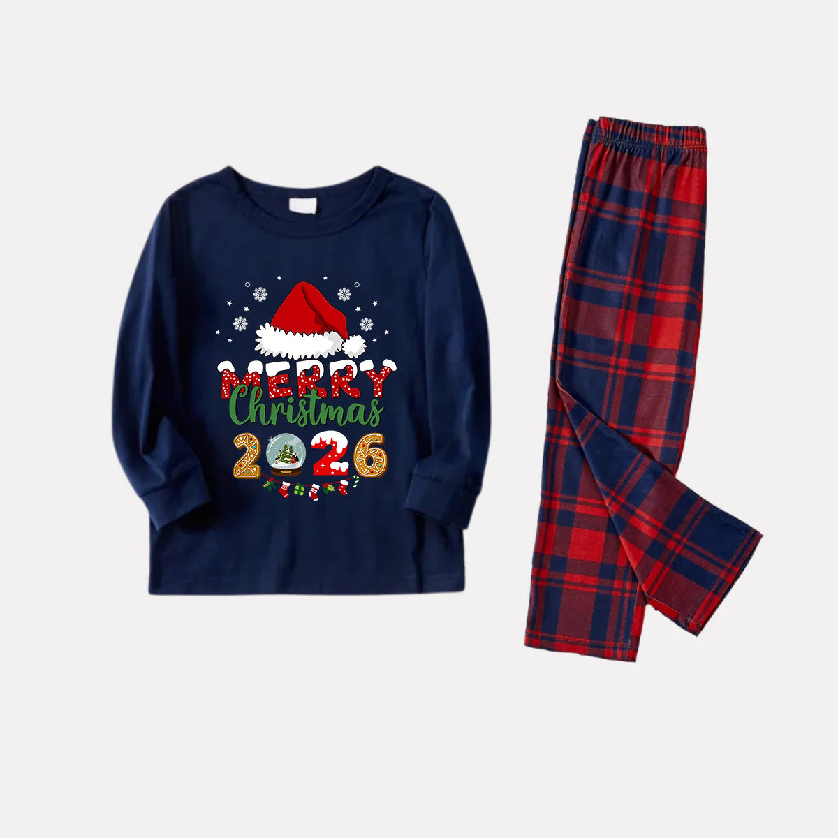 Navy & Red Plaid Christmas Pajamas Set With Santa Hat and "Merry Christmas 2026" Text Print