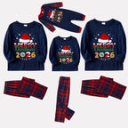 Navy & Red Plaid Christmas Pajamas Set With Santa Hat and "Merry Christmas 2026" Text Print
