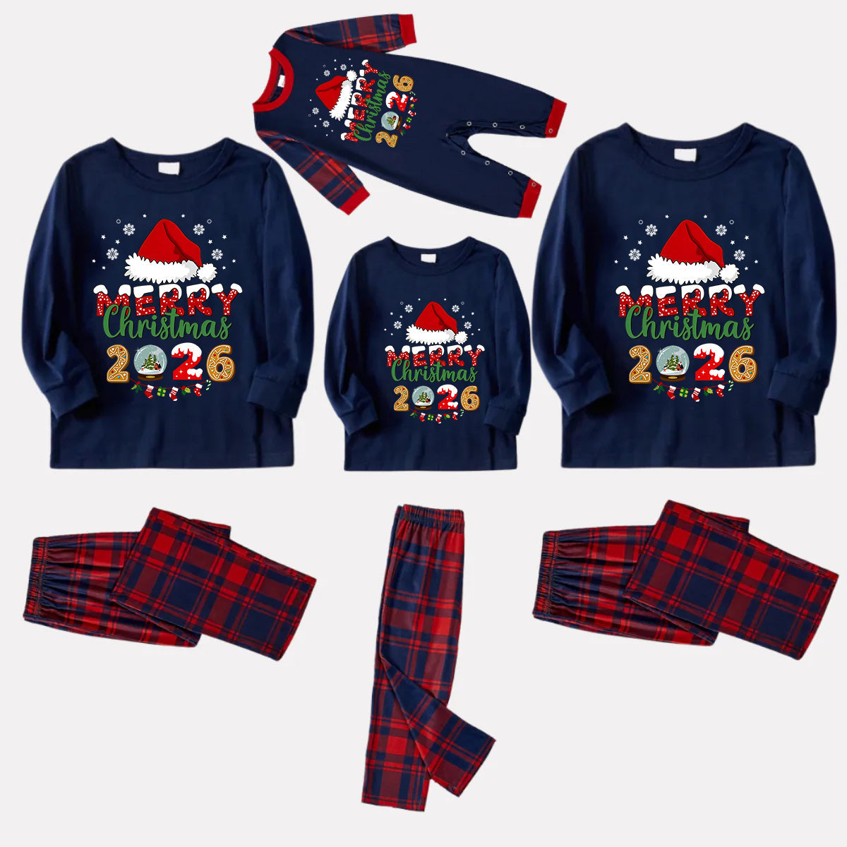 Navy & Red Plaid Christmas Pajamas Set With Santa Hat and "Merry Christmas 2026" Text Print