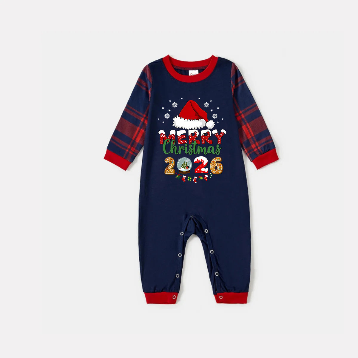 Navy & Red Plaid Christmas Pajamas Set With Santa Hat and "Merry Christmas 2026" Text Print