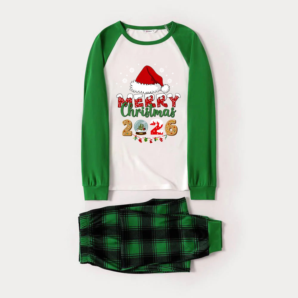 Green Raglan Top Green Plaid Christmas Pajamas Set With Santa hat and "MERRY Christmas 2026 " Print