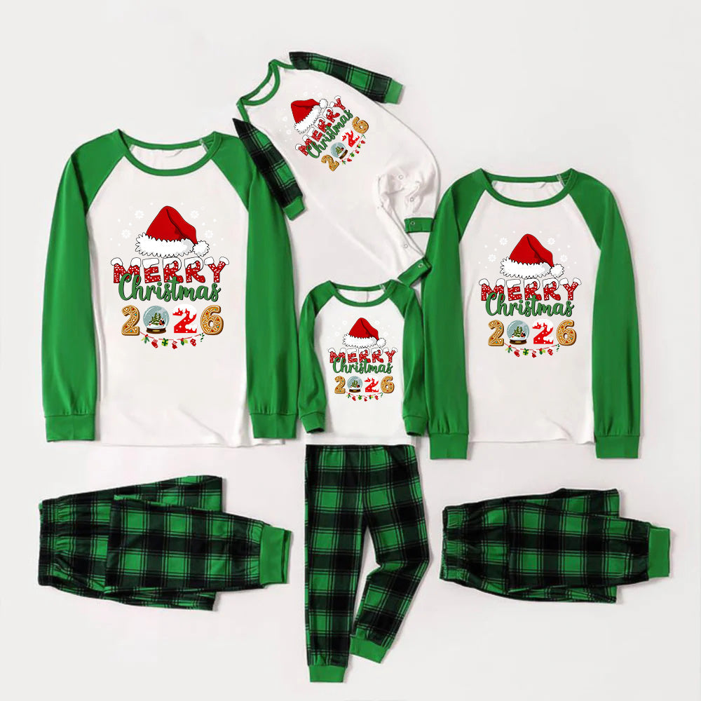 Green Raglan Top Green Plaid Christmas Pajamas Set With Santa hat and "MERRY Christmas 2026 " Print