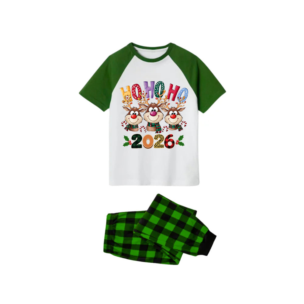 White Top Green Sleeves Green Plaid Pants Pajamas Set With Christmas Reindeer and "HO HO HO" Print