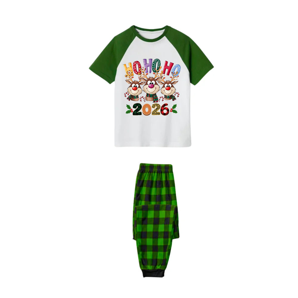 White Top Green Sleeves Green Plaid Pants Pajamas Set With Christmas Reindeer and "HO HO HO" Print