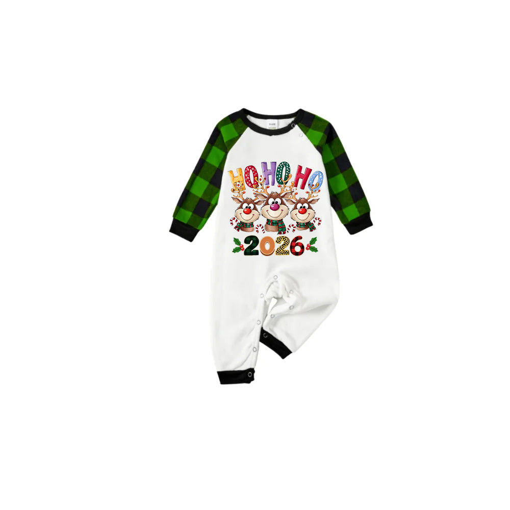 White Top Green Sleeves Green Plaid Pants Pajamas Set With Christmas Reindeer and "HO HO HO" Print