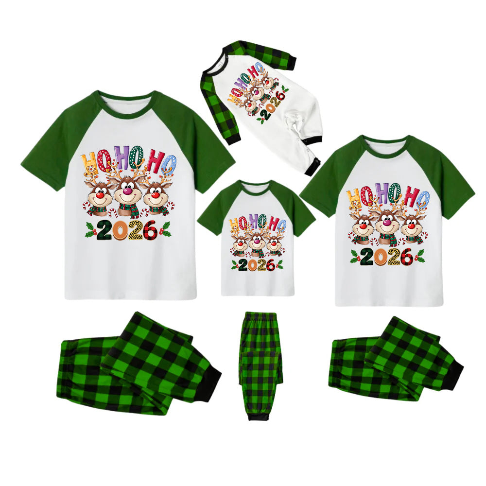 White Top Green Sleeves Green Plaid Pants Pajamas Set With Christmas Reindeer and "HO HO HO" Print