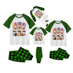 White Top Green Sleeves Green Plaid Pants Pajamas Set With Christmas Reindeer and "HO HO HO" Print