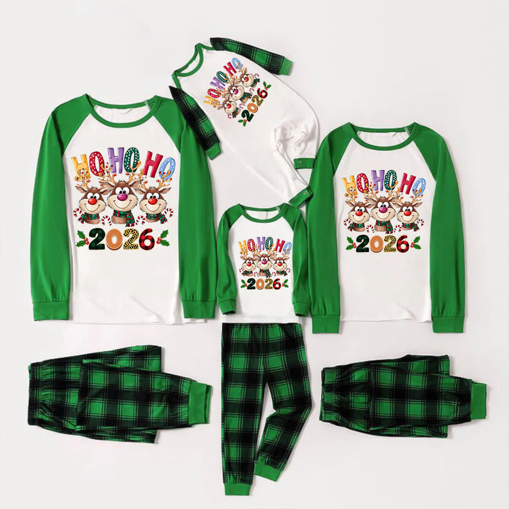 Green Raglan Top Green Plaid Christmas Pajamas Set With Cute Rudolph and "HO HO HO" Colorful Text Print