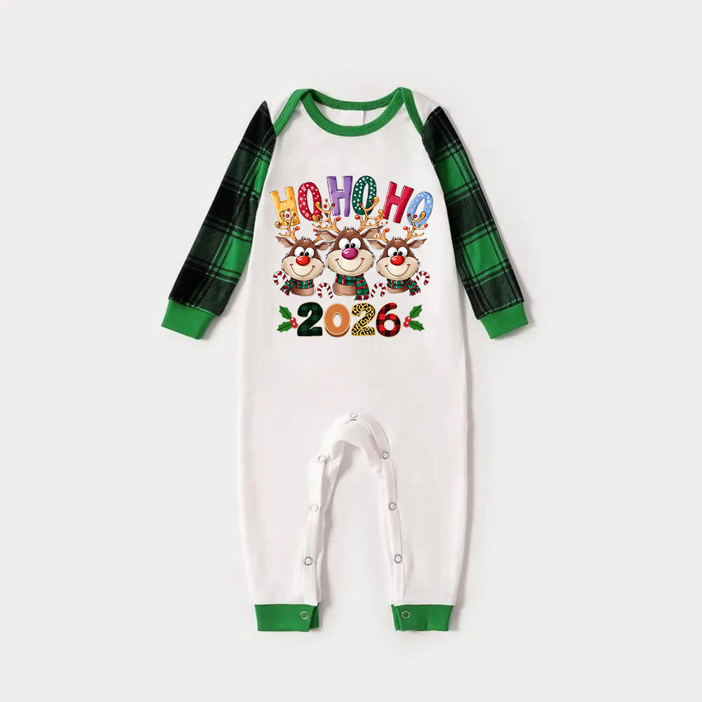 Green Raglan Top Green Plaid Christmas Pajamas Set With Cute Rudolph and "HO HO HO" Colorful Text Print