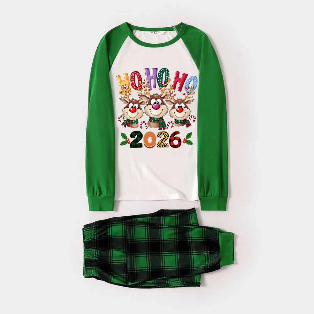 Green Raglan Top Green Plaid Christmas Pajamas Set With Cute Rudolph and "HO HO HO" Colorful Text Print