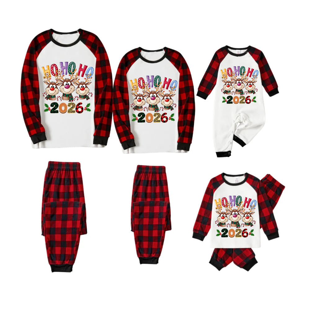 Red and Black Plaid Christmas Pajamas Set With "HO HO HO" and Reindeer Cartoon Print