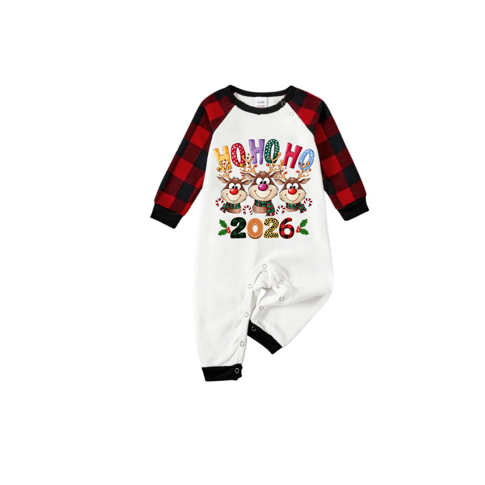 Red and Black Plaid Christmas Pajamas Set With "HO HO HO" and Reindeer Cartoon Print