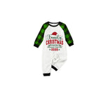 Family Christmas Pajamas Set - White Top Green Sleeves Green Plaid Pants Santa Hat Graphic