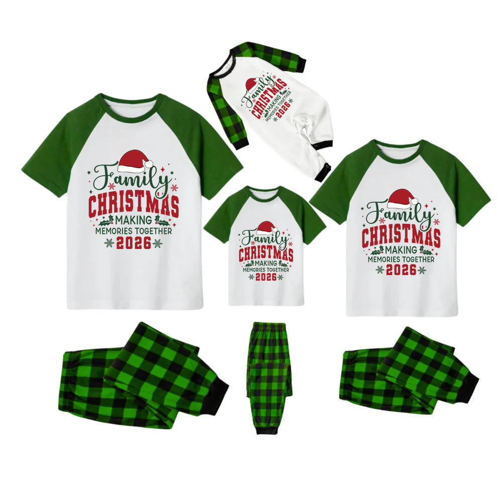 Family Christmas Pajamas Set - White Top Green Sleeves Green Plaid Pants Santa Hat Graphic