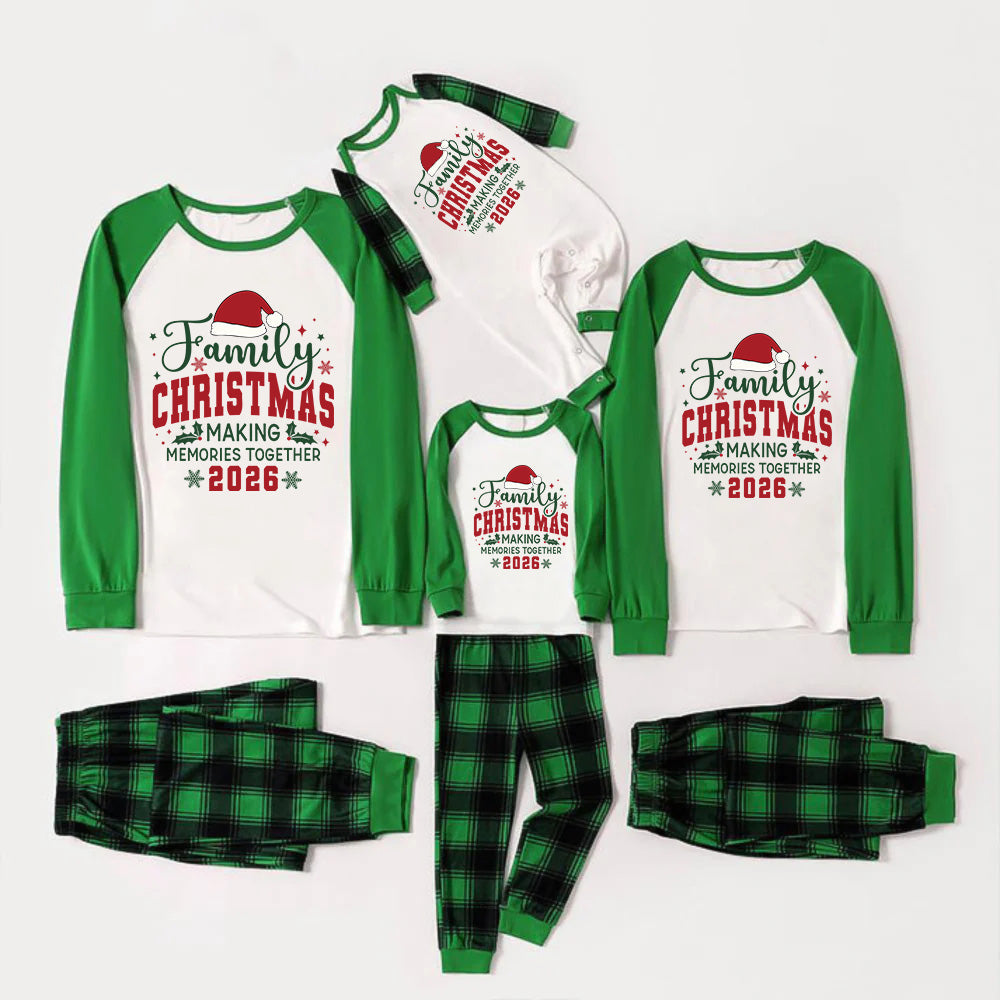 Green Raglan Top Green Plaid Christmas Pajamas Set With "Family CHRISTMAS MAKING MEMORIES TOGETHER 2026" Text Print