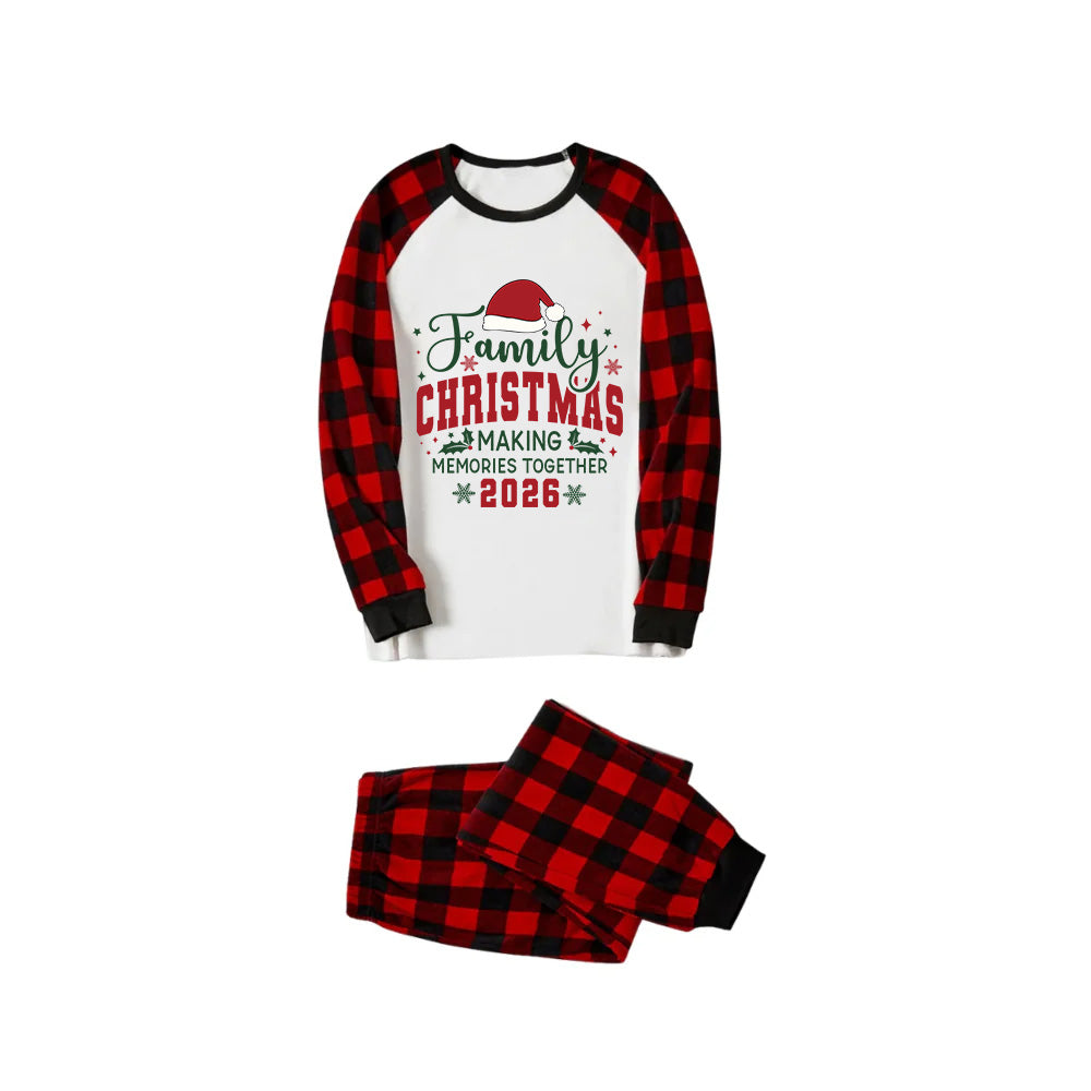 Red and Black Plaid Christmas Pajamas Set With Santa Hat and Christmas Slogan Print