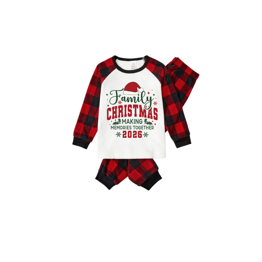 Red and Black Plaid Christmas Pajamas Set With Santa Hat and Christmas Slogan Print