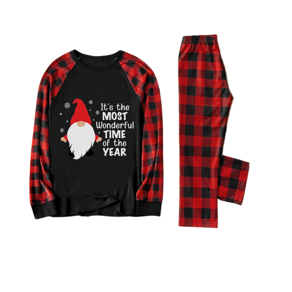 Red and Black Plaid Christmas Pajamas Set Featuring Gnome with Santa Quotes