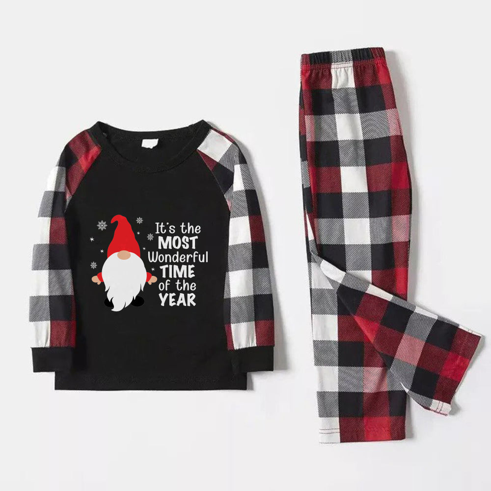 Christmas Family Matching Pajamas-Red and Gray Plaid Pjs set with "It is the most wonderful time of the year" and Gnome Print