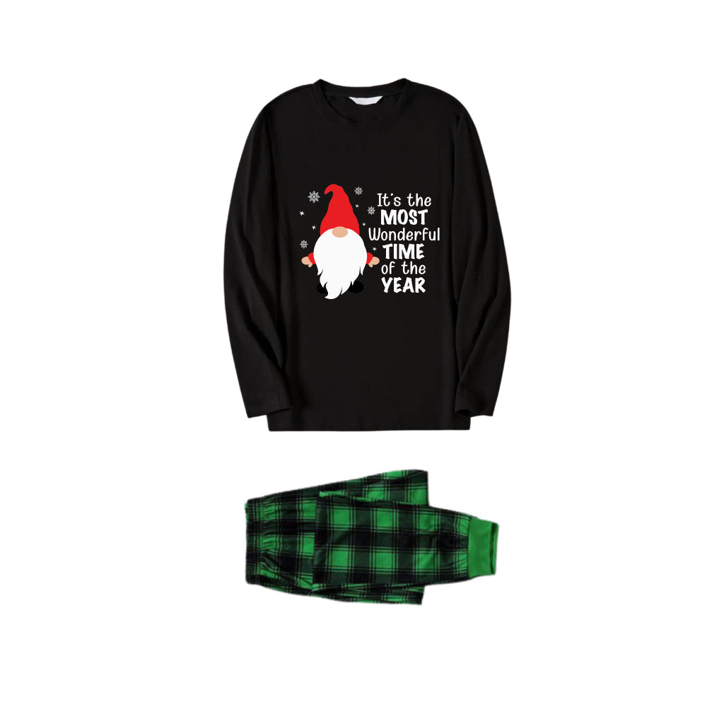 Christmas Family Matching Pajamas-Black Top and Green Plaid Pants Pjs Set with Cute Gnome and Christmas Slogan Print