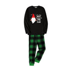 Christmas Family Matching Pajamas-Black Top and Green Plaid Pants Pjs Set with Cute Gnome and Christmas Slogan Print