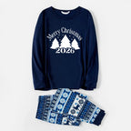 Joyful Blue Christmas Pajamas Set with Christmas Tree and Slogan Designs