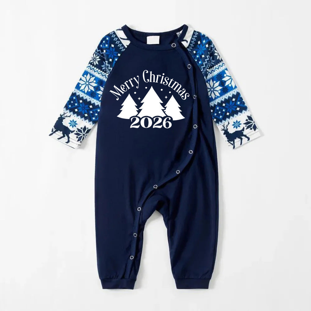 Joyful Blue Christmas Pajamas Set with Christmas Tree and Slogan Designs