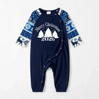 Joyful Blue Christmas Pajamas Set with Christmas Tree and Slogan Designs