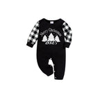 Black and White Plaid Short Sleeve Christmas Pajamas Set with Christmas Tree and Slogan Designs