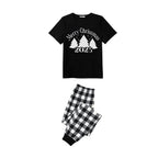 Black and White Plaid Short Sleeve Christmas Pajamas Set with Christmas Tree and Slogan Designs
