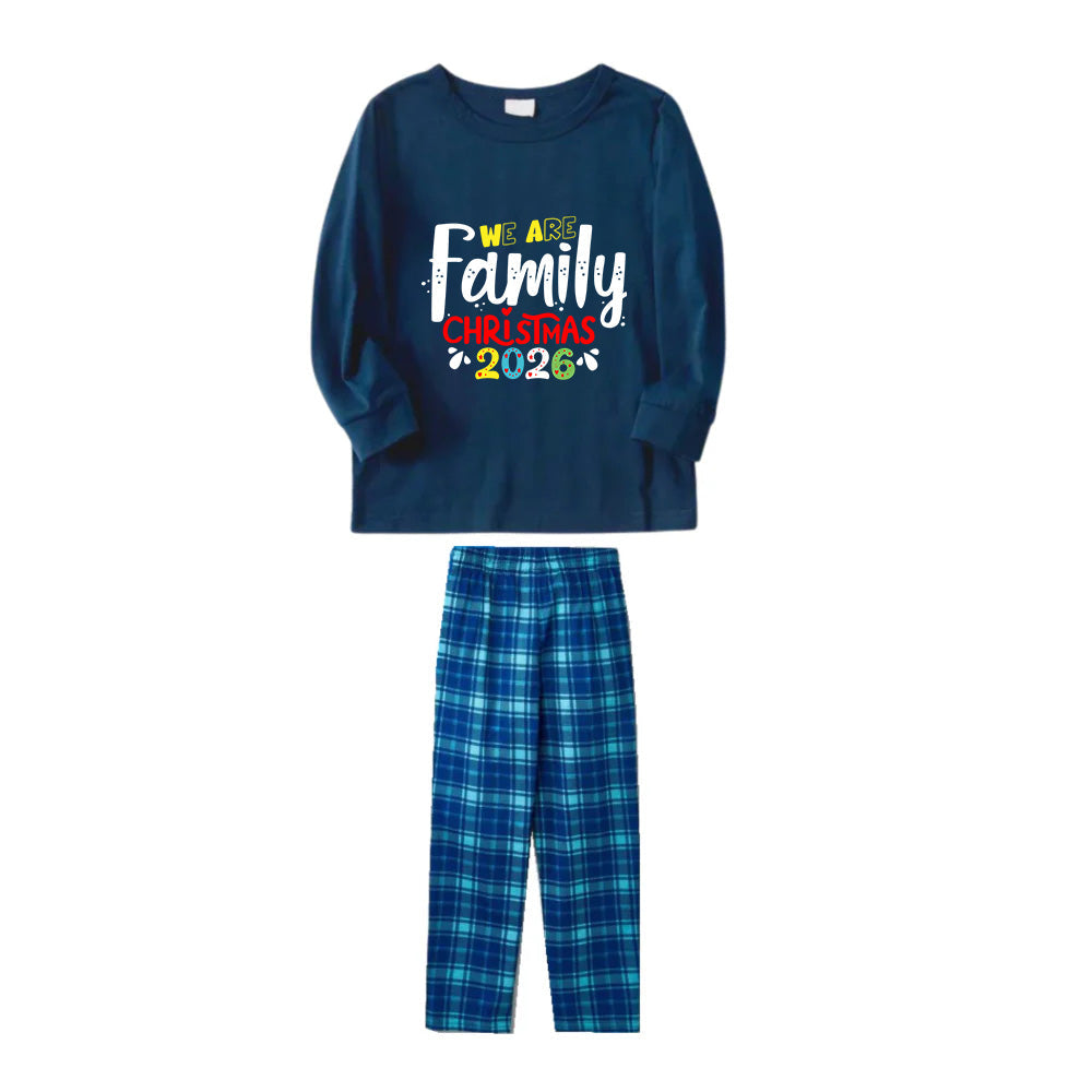 Christmas Family Matching Pajamas-Navy & Sky Blue Plaid Pjs Set with "We Are Family Christmas 2026" Artistic Font Print