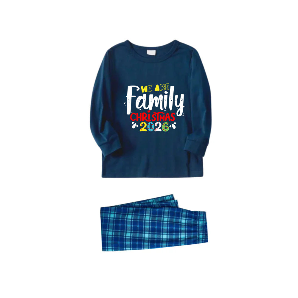 Christmas Family Matching Pajamas-Navy & Sky Blue Plaid Pjs Set with "We Are Family Christmas 2026" Artistic Font Print