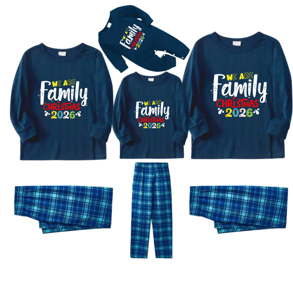 Christmas Family Matching Pajamas-Navy & Sky Blue Plaid Pjs Set with "We Are Family Christmas 2026" Artistic Font Print