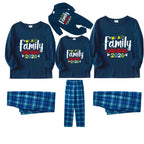 Christmas Family Matching Pajamas-Navy & Sky Blue Plaid Pjs Set with "We Are Family Christmas 2026" Artistic Font Print