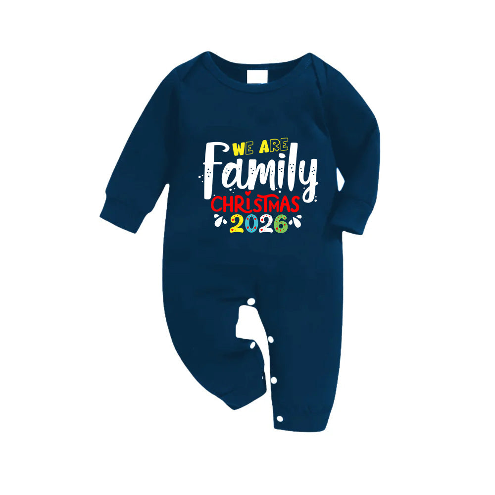Christmas Family Matching Pajamas-Navy & Sky Blue Plaid Pjs Set with "We Are Family Christmas 2026" Artistic Font Print